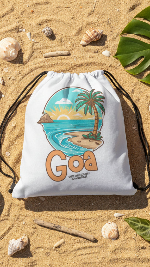 Drawstring bag with 'Goa' design featuring a beach and palm tree on a gray background