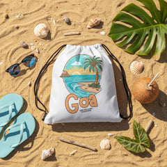 Drawstring bag with 'Goa' design featuring a beach and palm tree on a gray background