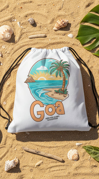 Drawstring bag with 'Goa' design featuring a beach and palm tree on a gray background