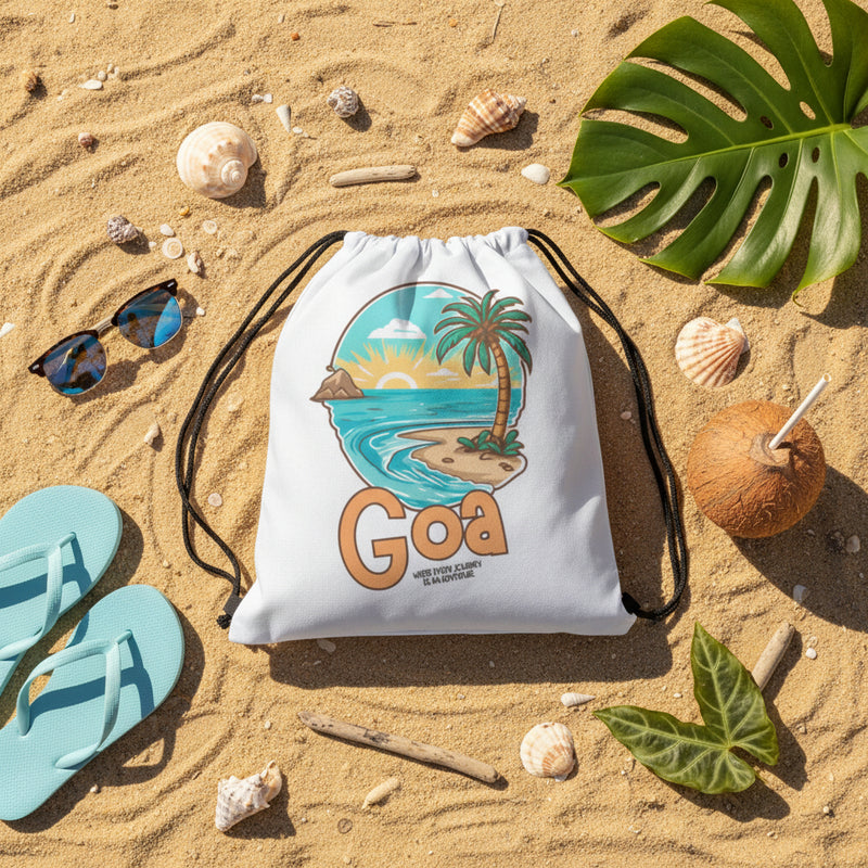 Drawstring bag with 'Goa' design featuring a beach and palm tree on a gray background