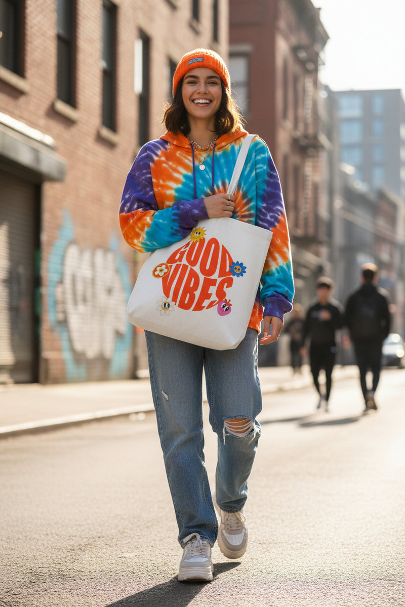 Tote bag with 'Good Vibes' design, filled with items on a white background