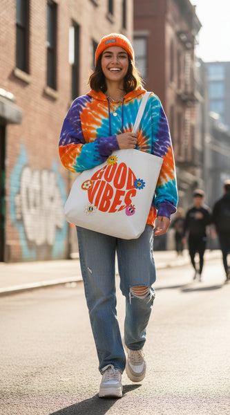Tote bag with 'Good Vibes' design, filled with items on a white background