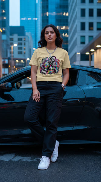 Beige t-shirt with a colorful monkey graphic design on a white background