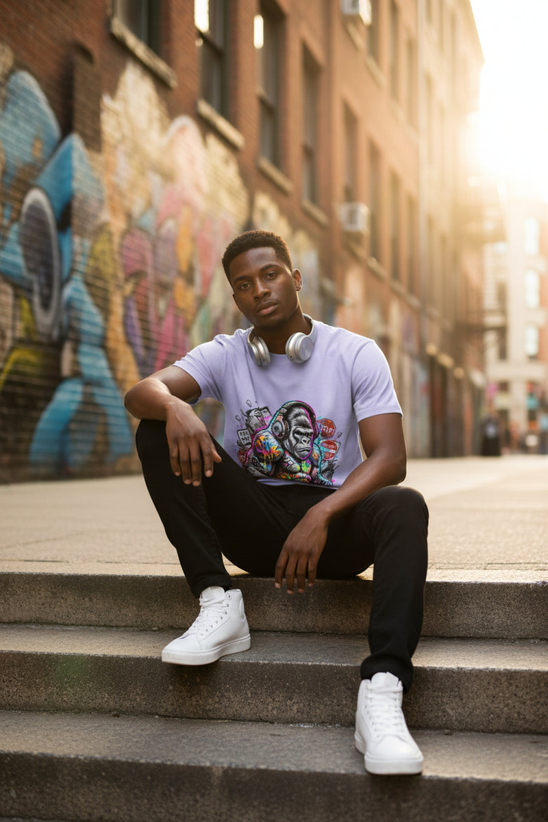 Lavender t-shirt with a colorful monkey graphic design on a white background