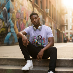 Lavender t-shirt with a colorful monkey graphic design on a white background