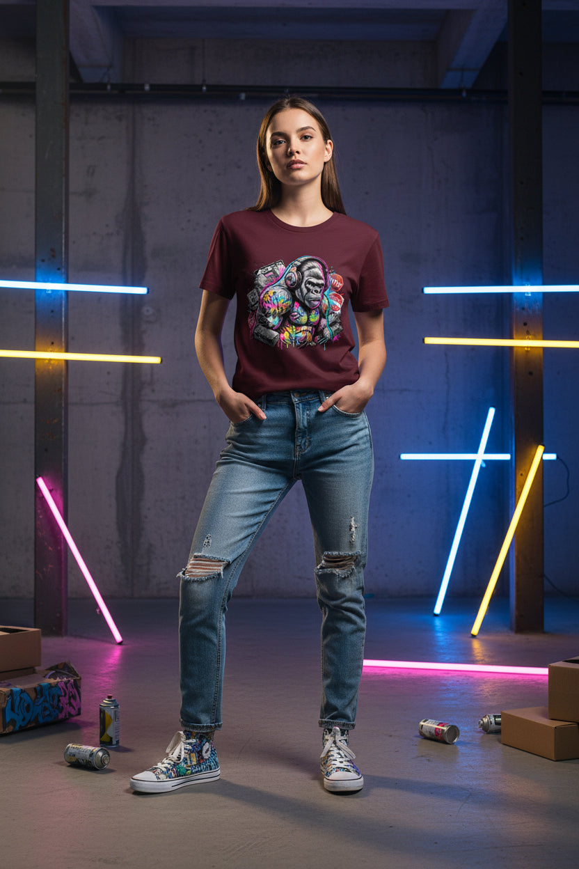 Maroon t-shirt with a colorful monkey graphic design on a white background