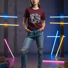 Maroon t-shirt with a colorful monkey graphic design on a white background