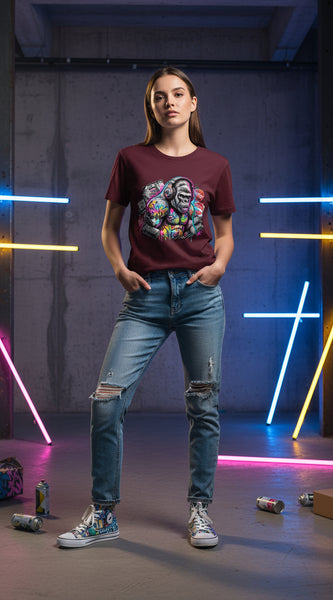 Maroon t-shirt with a colorful monkey graphic design on a white background