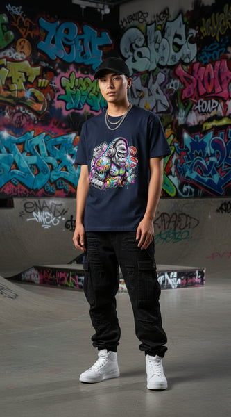 Navy Blue t-shirt with a colorful monkey graphic design on a white background