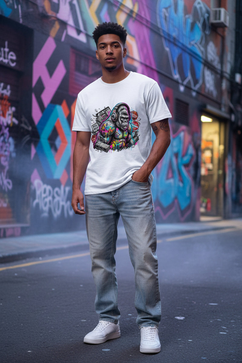 White supima t-shirt with a colorful monkey graphic design on a white background