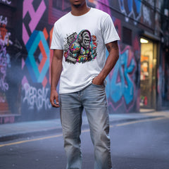 White supima t-shirt with a colorful monkey graphic design on a white background