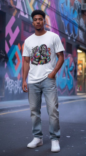 White supima t-shirt with a colorful monkey graphic design on a white background
