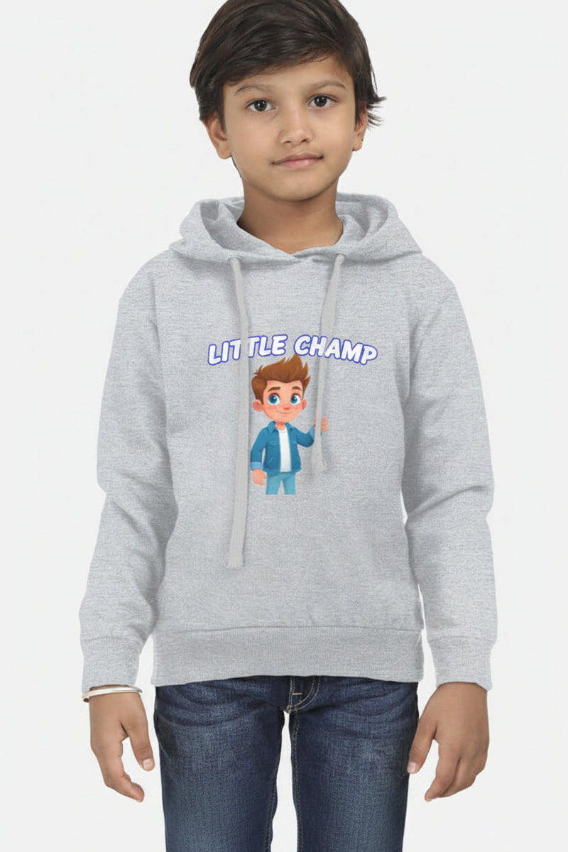 Child wearing a gray hoodie with a cartoon character on a white background