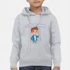 Child wearing a gray hoodie with a cartoon character on a white background