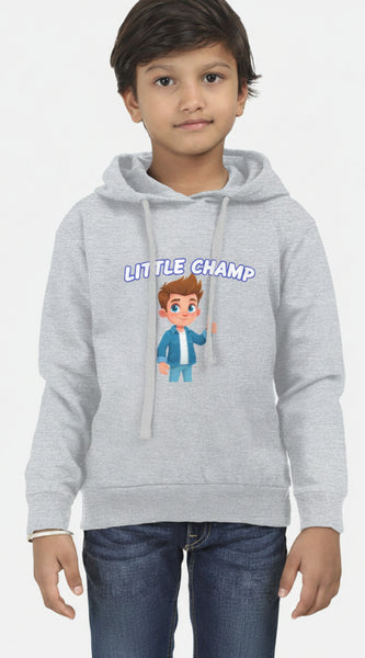 Child wearing a gray hoodie with a cartoon character on a white background