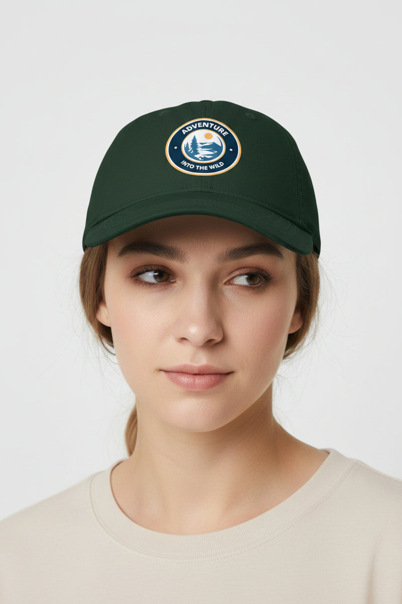 Green cap with 'Adventure into the Wild' logo on a light gray background