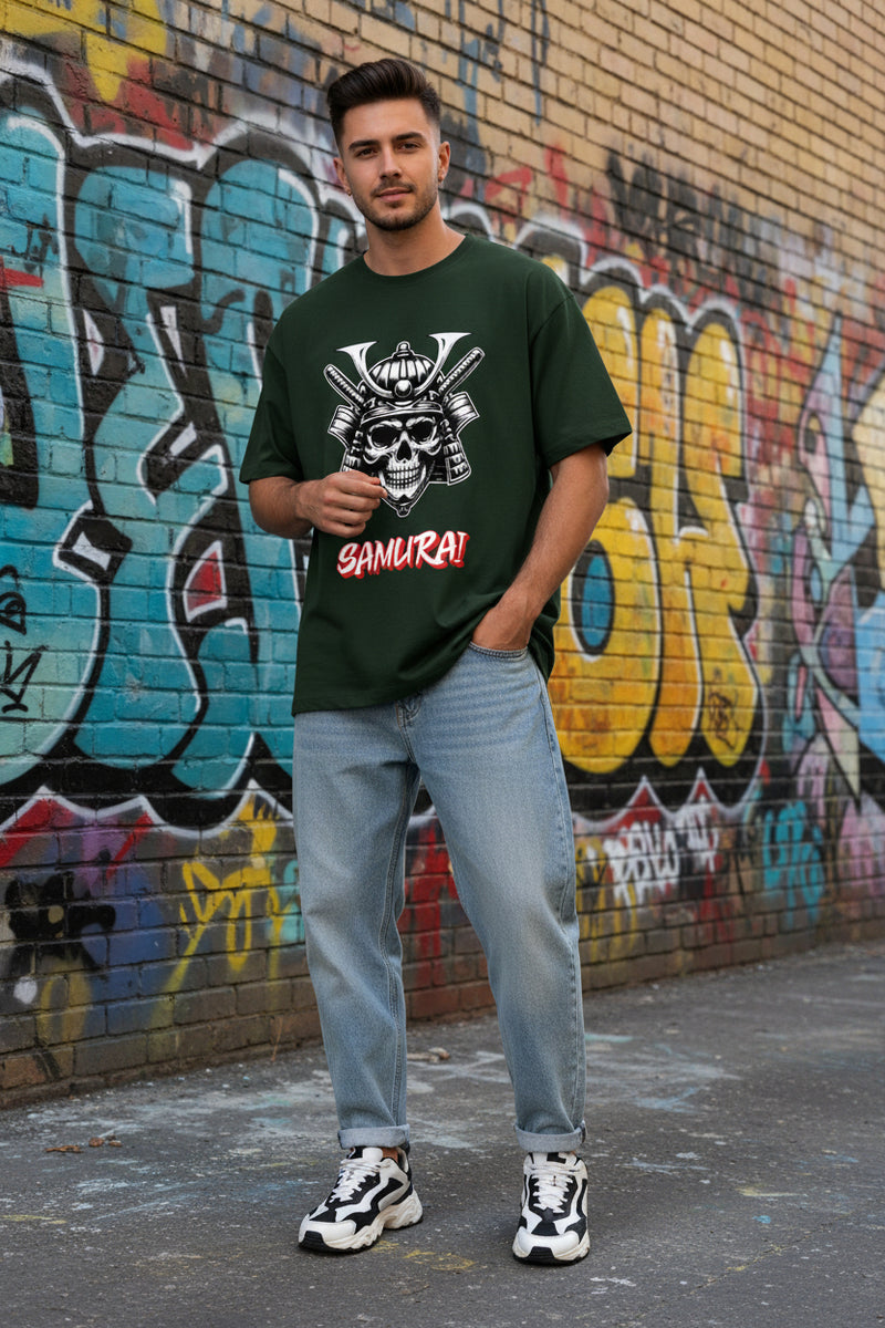 Green t-shirt with a skull and katana design and 'Samurai' text on a white background
