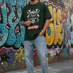 Green t-shirt with a skull and katana design and 'Samurai' text on a white background