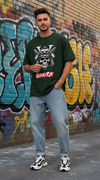Green t-shirt with a skull and katana design and 'Samurai' text on a white background