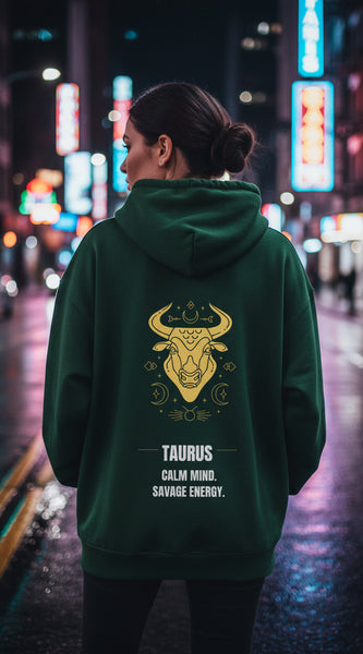 Green hoodie with Taurus zodiac design on the back against a white background
