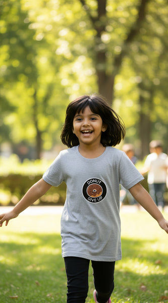 Gray t-shirt with a 'Donut Give Up' graphic on a white background