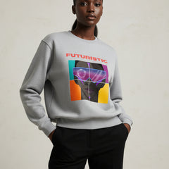 Gray sweatshirt with a graphic design featuring a face and 'FUTURISTIC' text on a white background