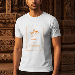 White t-shirt with orange design and text on a white background