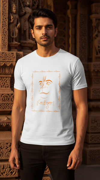White t-shirt with orange design and text on a white background