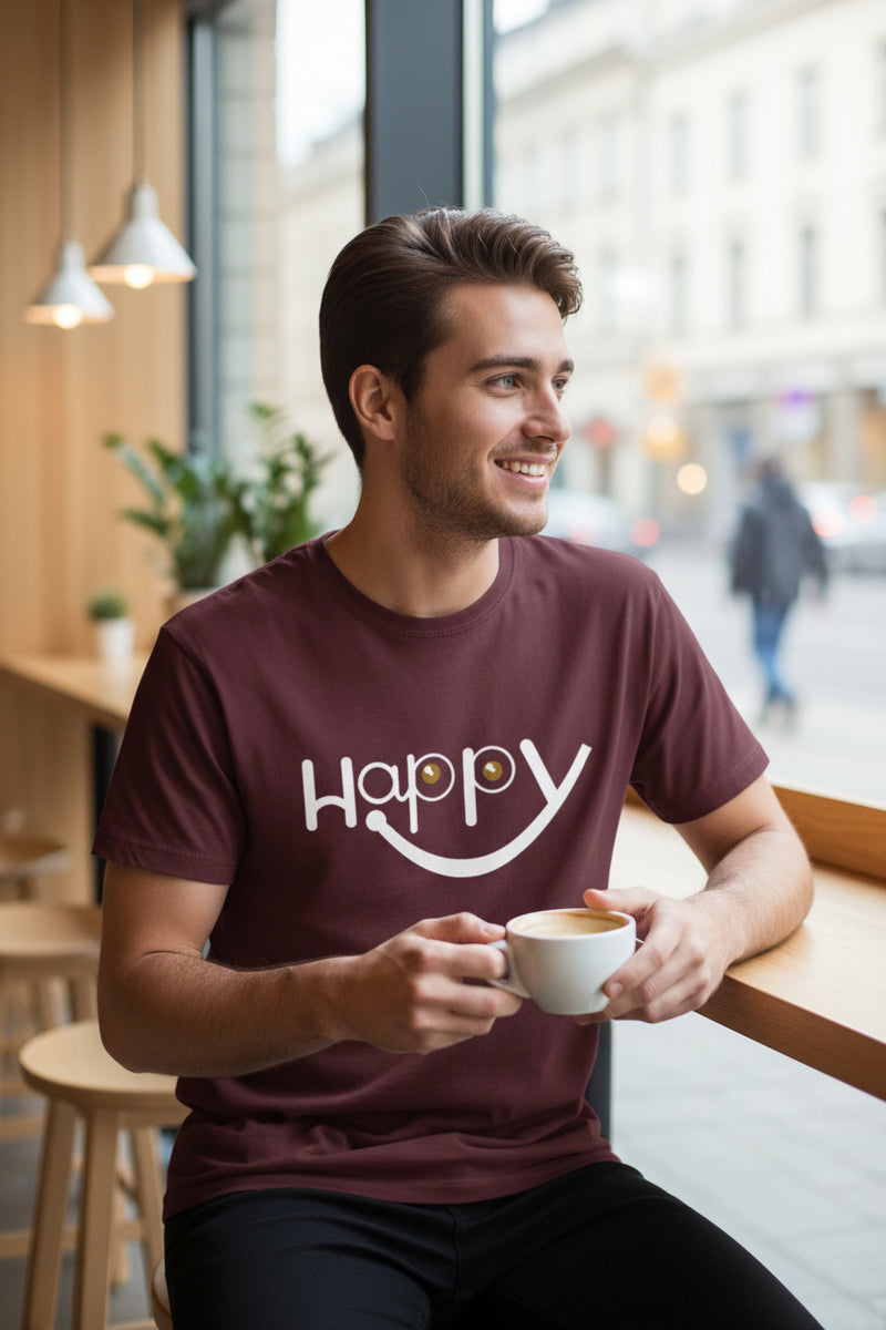 Happy Smiley Graphic Unisex Maroon T-Shirt