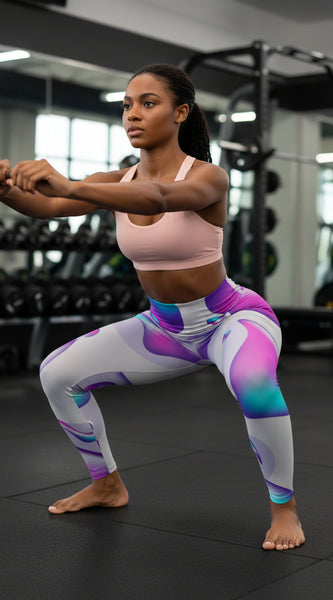 Colorful abstract-patterned leggings on a person against a white background