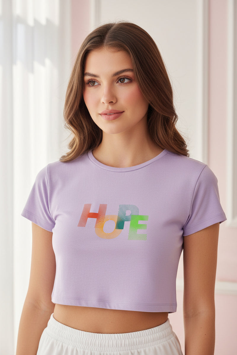 Lavender t-shirt with 'HOPE' in colorful letters on a white background