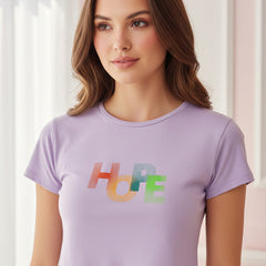 Lavender t-shirt with 'HOPE' in colorful letters on a white background