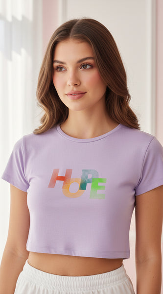 Lavender t-shirt with 'HOPE' in colorful letters on a white background