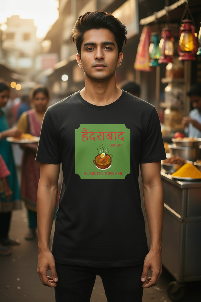 Black t-shirt with a green and red graphic design on a white background