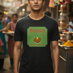 Black t-shirt with a green and red graphic design on a white background