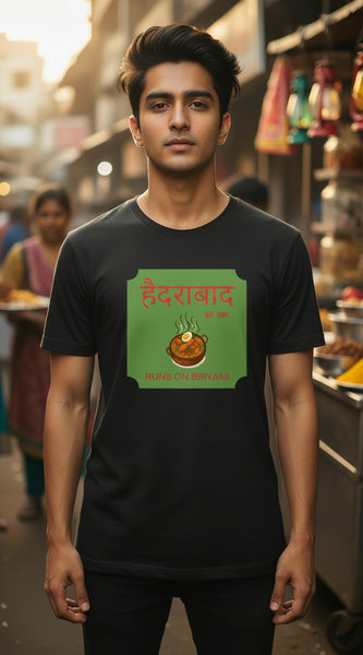 Black t-shirt with a green and red graphic design on a white background