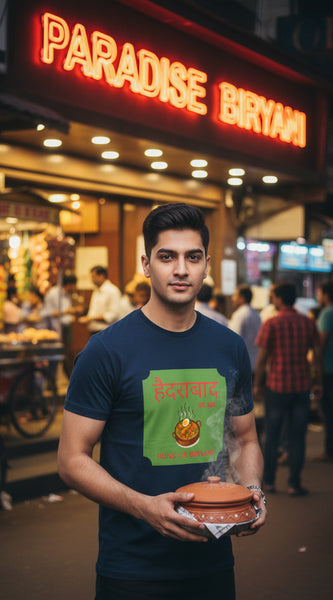 Blue t-shirt with a green graphic design on a white background