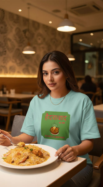 Light blue t-shirt with a green graphic and text on a white background