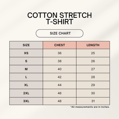Cotton stretch t-shirt size chart on a light gray background
