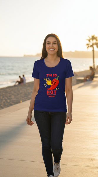 Woman wearing a royal blue t-shirt with a red pepper graphic and text on a white background