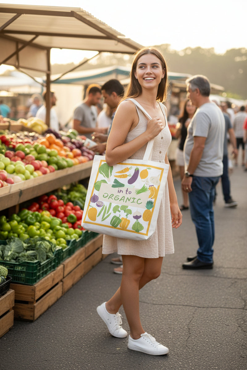 Tote bag with vegetable design and text 'in to ORGANIC' on a white background