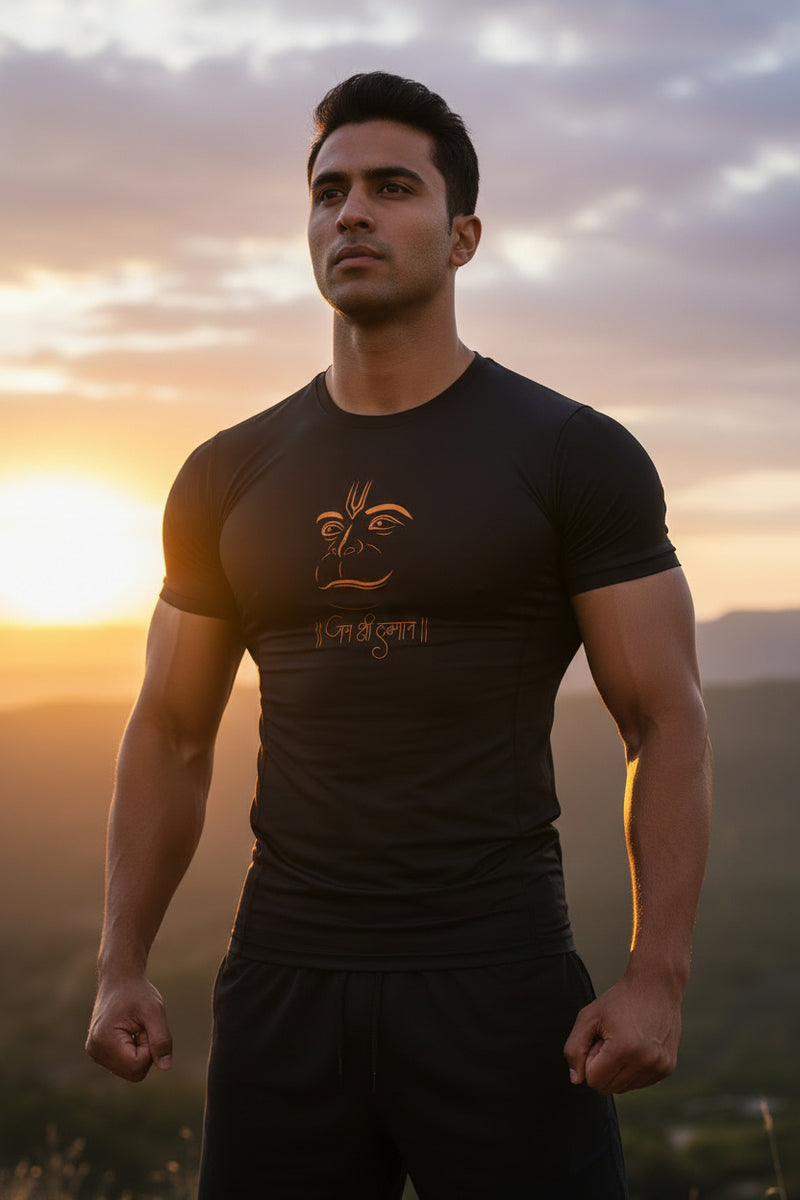 Black t-shirt with orange logo on a white background