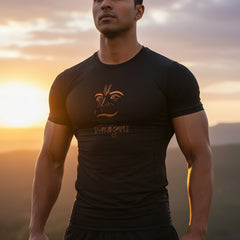 Black t-shirt with orange logo on a white background
