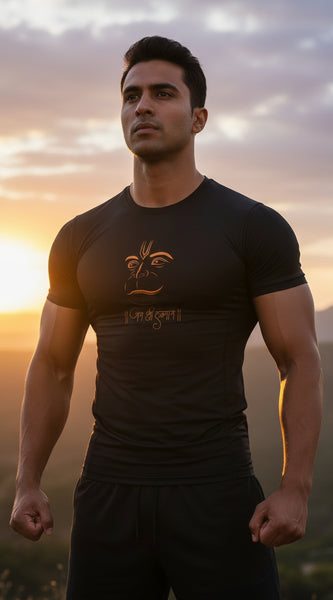 Black t-shirt with orange logo on a white background