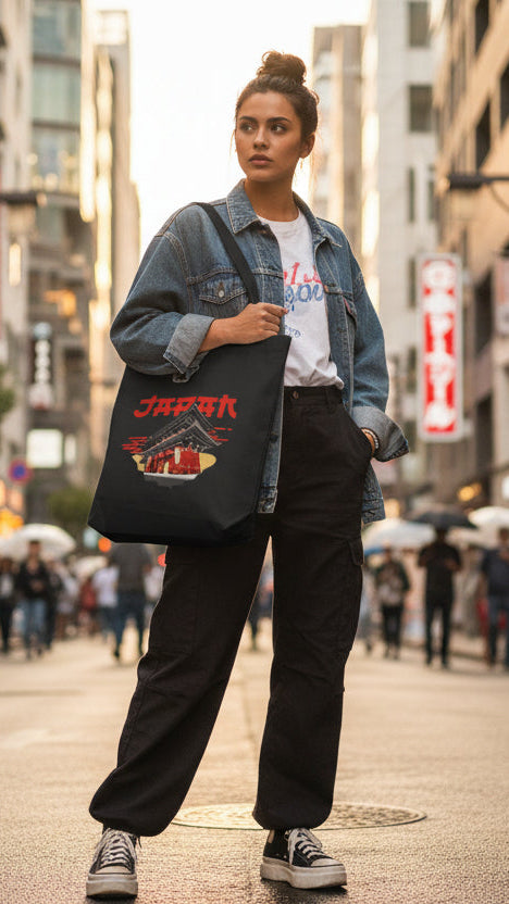 Black tote bag with Japanese temple design and 'Japan' text held by a person against a gray background
