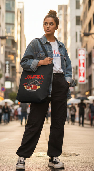 Black tote bag with Japanese temple design and 'Japan' text held by a person against a gray background