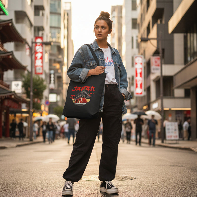 Black tote bag with Japanese temple design and 'Japan' text held by a person against a gray background