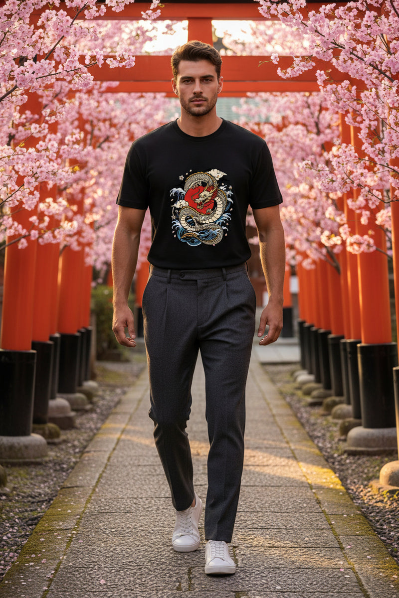 Black t-shirt with a dragon design on a white background