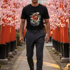 Black t-shirt with a dragon design on a white background