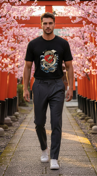 Black t-shirt with a dragon design on a white background
